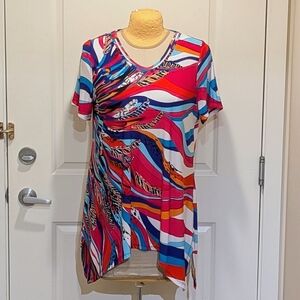 EUC Premise Woman 1X Bright Pink Blue and Orange Abstract Pattern Tunic